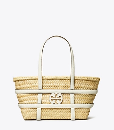 Tory Burch designer borse shopping Shopping Ella piccola in paglia a cesto in Blanc front