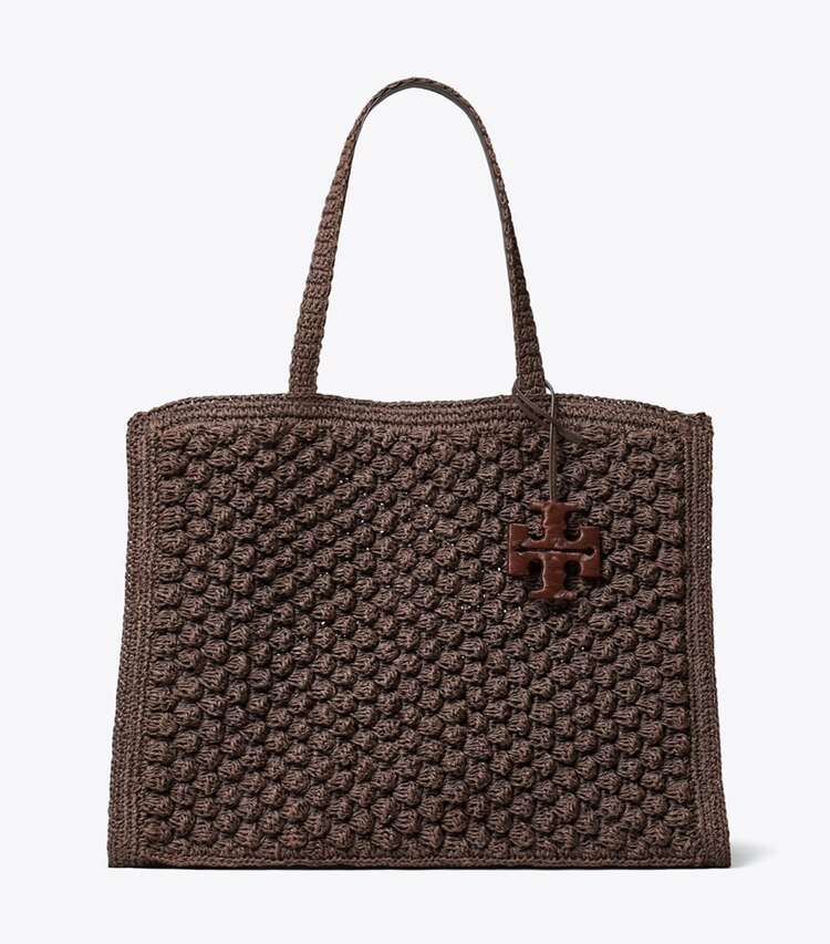 Tory Burch designer borse shopping Shopping Ella Popcorn grande lavorata a mano a uncinetto in Dark Cocoa front