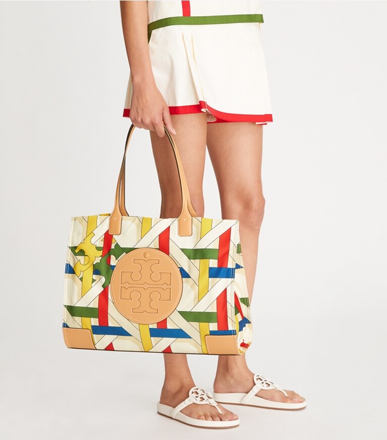 Tory Burch designer borse shopping Shopping Ella stampata in French Cream Basketweave angle