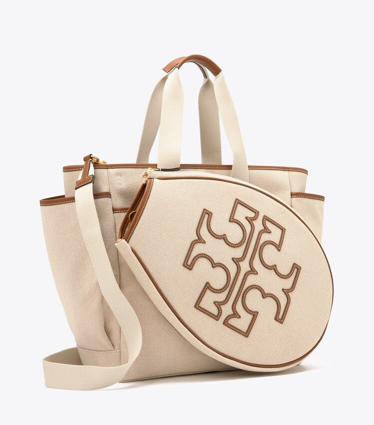 Tory Sport designer borse shopping Shopping in tela da tennis bicolor in Natural Brown angle