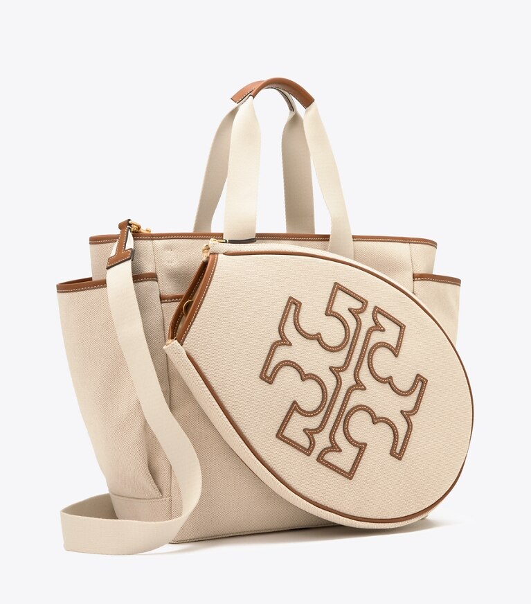 Tory Sport designer borse shopping Shopping in tela da tennis bicolor in Natural Brown angle
