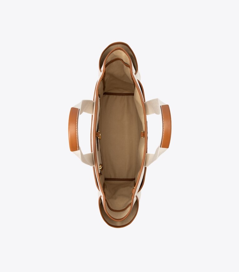 Tory Sport designer borse shopping Shopping in tela da tennis bicolor in Natural Brown angle