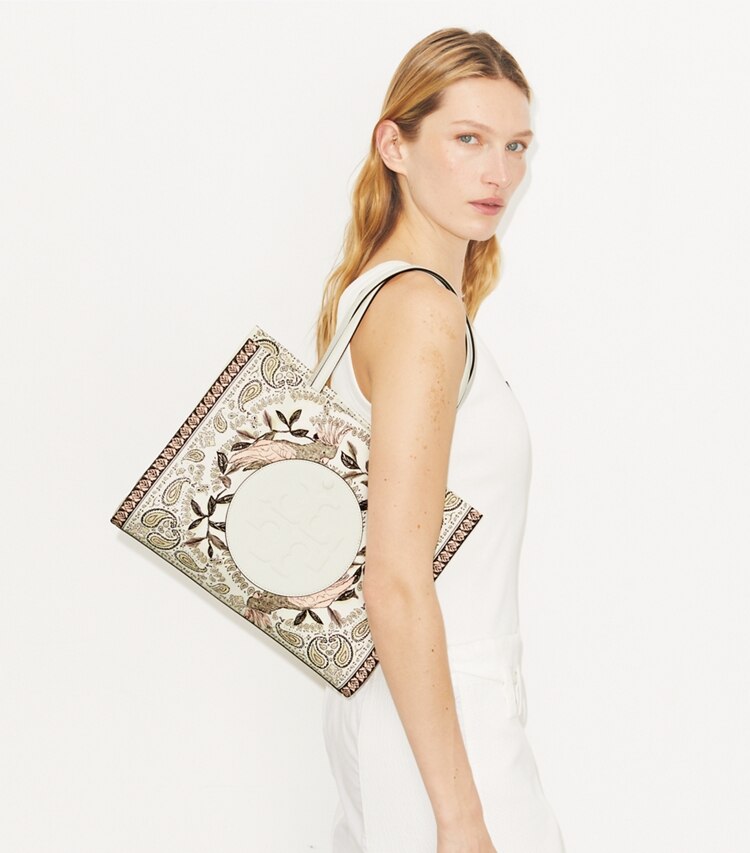 Tory Burch designer borse shopping Shopping piccola Ella stampata in Pink Cockatoo accessory on model