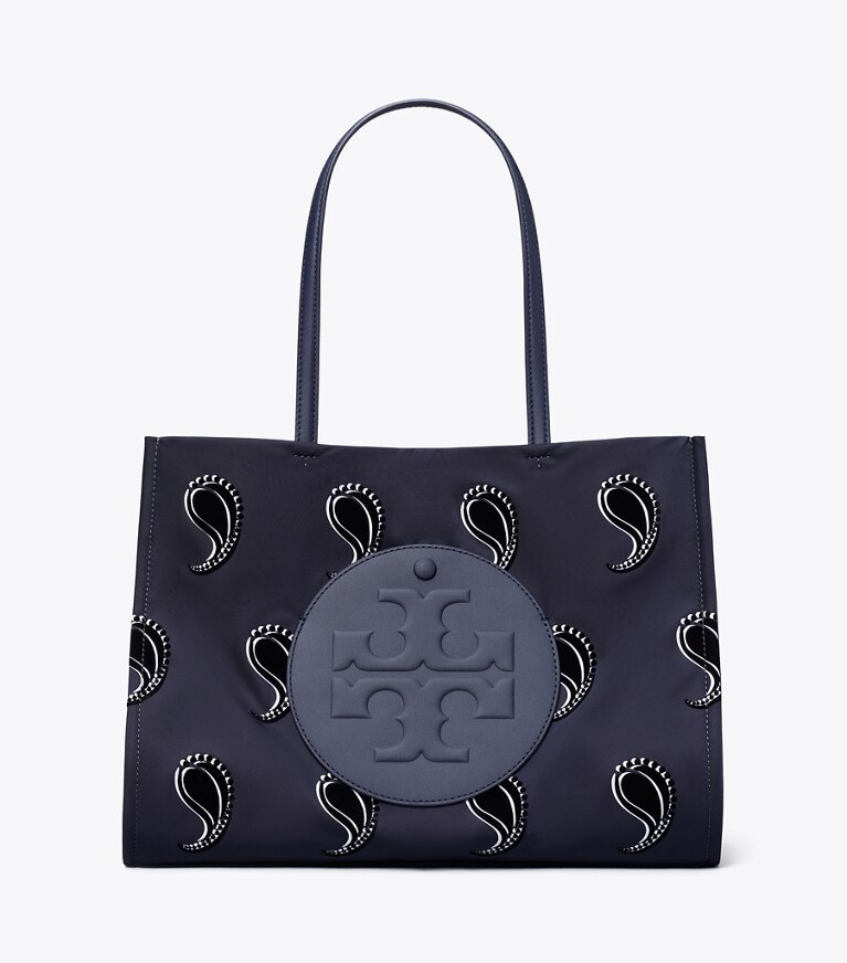 Tory Burch designer borse shopping Shopping piccola Ella stampata in Medium Navy Pajama Print angle