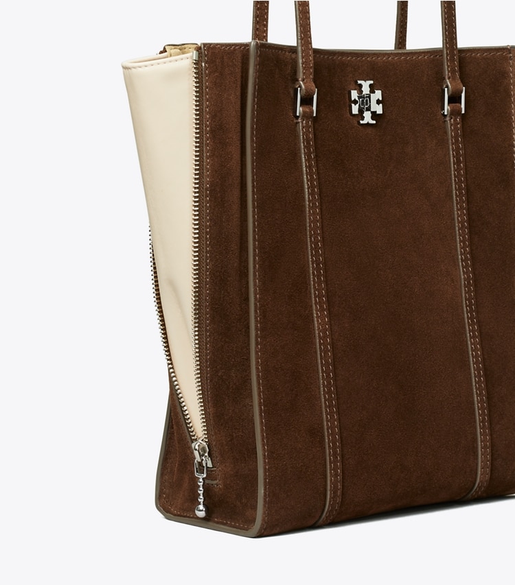 Tory Burch designer borse shopping Shopping piccola Kira Turnlock in suede in Dark Cocoa dettaglio