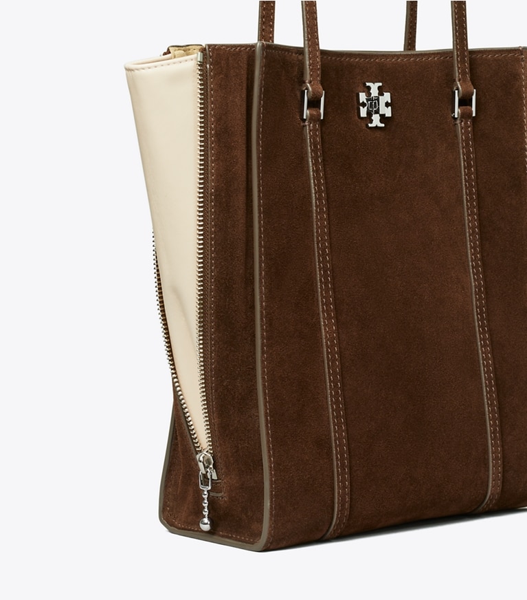 Tory Burch designer borse shopping Shopping piccola Kira Turnlock in suede in Dark Cocoa angle