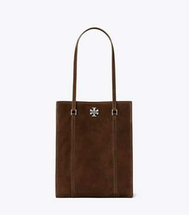 Tory Burch designer borse shopping Shopping piccola Kira Turnlock in suede in Dark Cocoa front