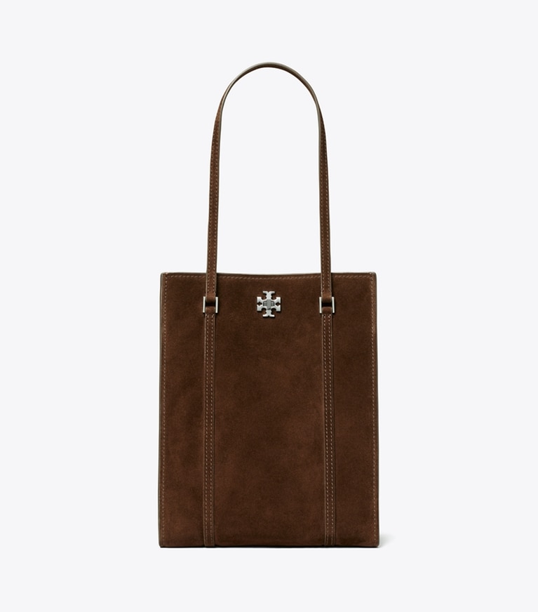 Tory Burch designer borse shopping Shopping piccola Kira Turnlock in suede in Dark Cocoa angle