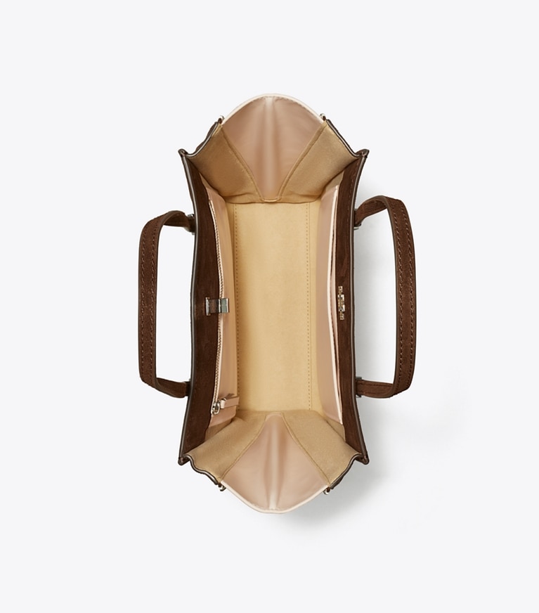 Tory Burch designer borse shopping Shopping piccola Kira Turnlock in suede in Dark Cocoa angle