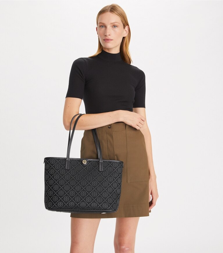 Tory Burch designer borse shopping Shopping piccola T Monogram con zip in Black angle