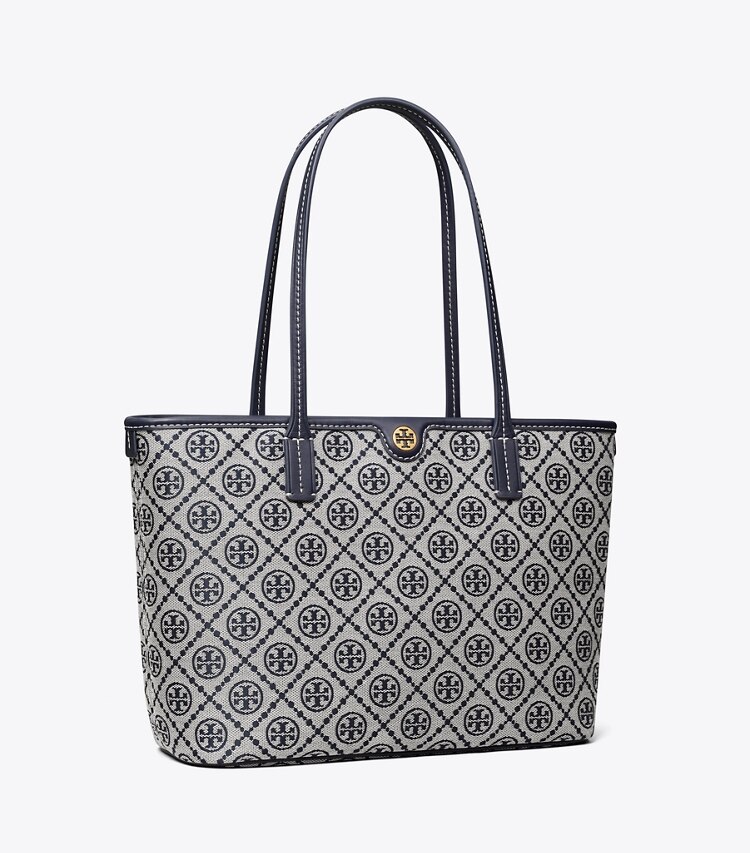 Tory Burch designer borse shopping Shopping piccola T Monogram con zip in Tory Navy angle