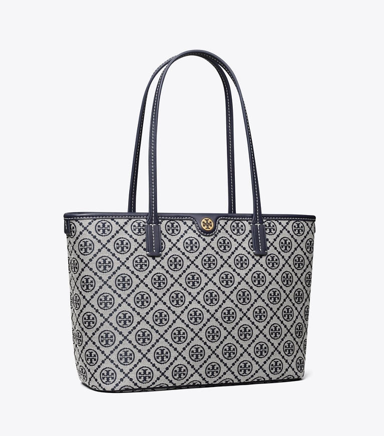Tory Burch designer borse shopping Shopping piccola T Monogram con zip in Tory Navy angle