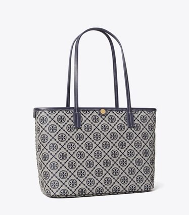 Tory Burch designer borse shopping Shopping piccola T Monogram con zip in TORY NAVY angle