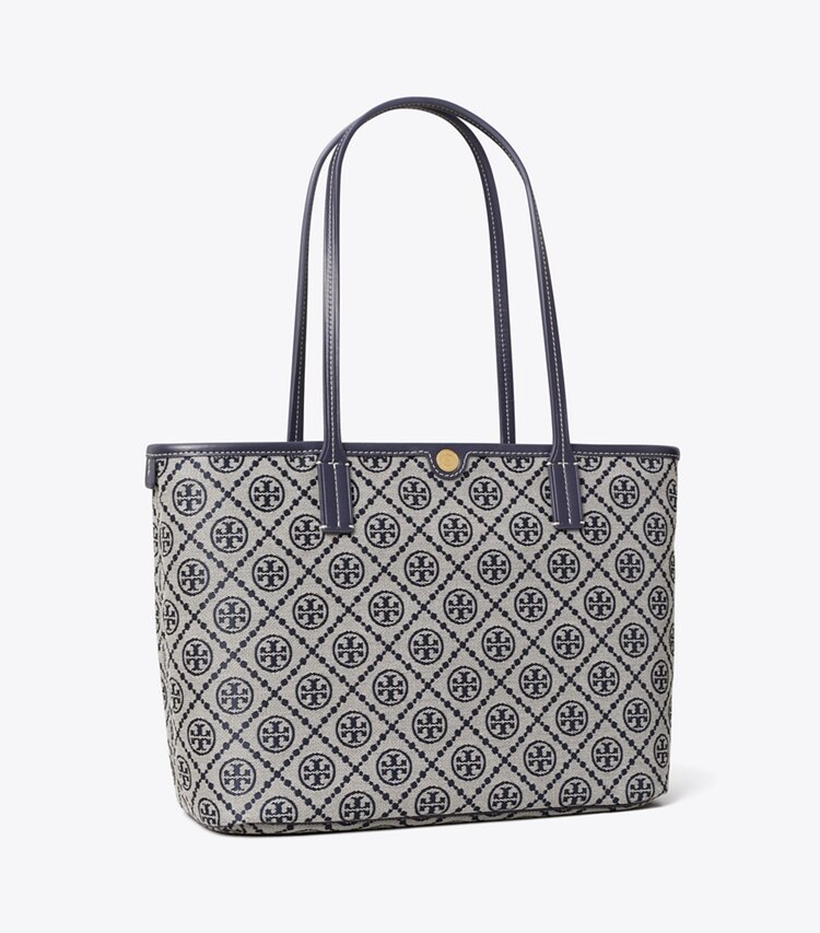 Tory Burch designer borse shopping Shopping piccola T Monogram con zip in TORY NAVY angle