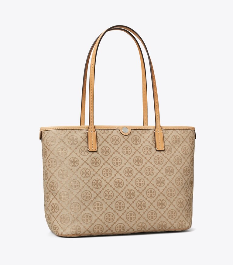 Tory Burch designer borse shopping Shopping piccola T Monogram con zip in Flax angle