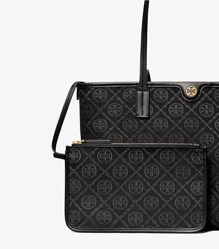 Tory Burch designer borse shopping Shopping piccola T Monogram con zip in Black angle