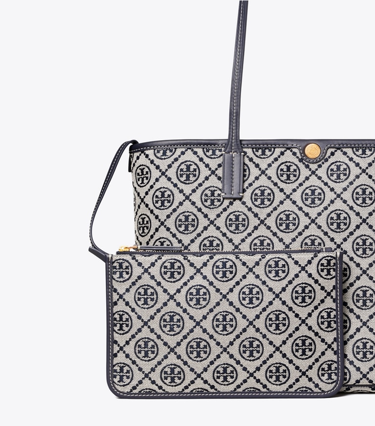Tory Burch designer borse shopping Shopping piccola T Monogram con zip in TORY NAVY dettaglio