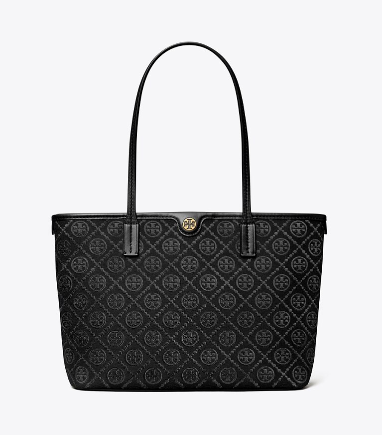 Tory Burch designer borse shopping Shopping piccola T Monogram con zip in Black angle