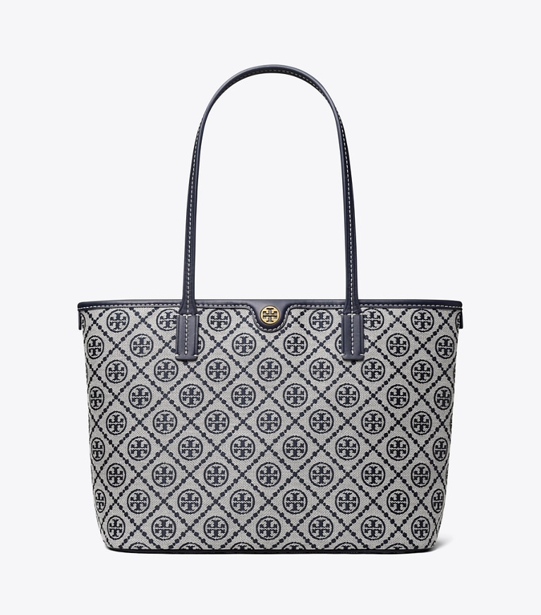 Tory Burch designer borse shopping Shopping piccola T Monogram con zip in Tory Navy angle