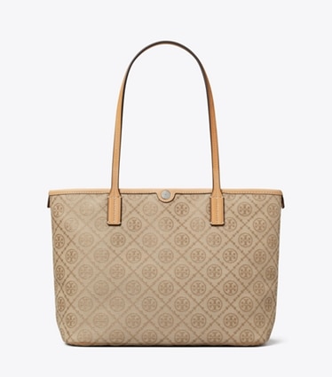 Tory Burch designer borse shopping Shopping piccola T Monogram con zip in Flax front