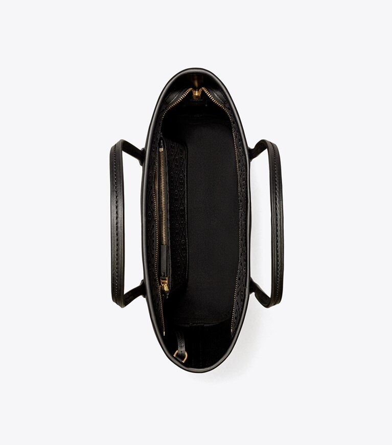Tory Burch designer borse shopping Shopping piccola T Monogram con zip in Black angle