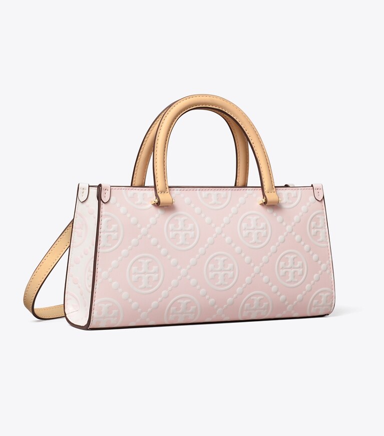 Tory Burch designer bauletto Shopping piccola T Monogram rettangolare con rilievo a contrasto in Powder Pink angle