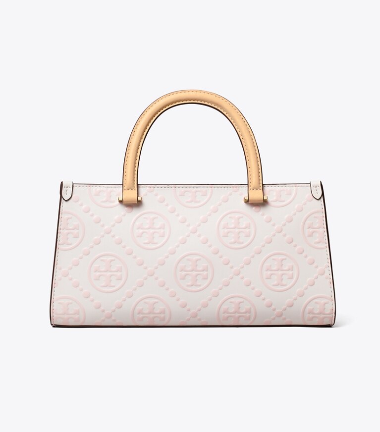 Tory Burch designer bauletto Shopping piccola T Monogram rettangolare con rilievo a contrasto in Powder Pink angle