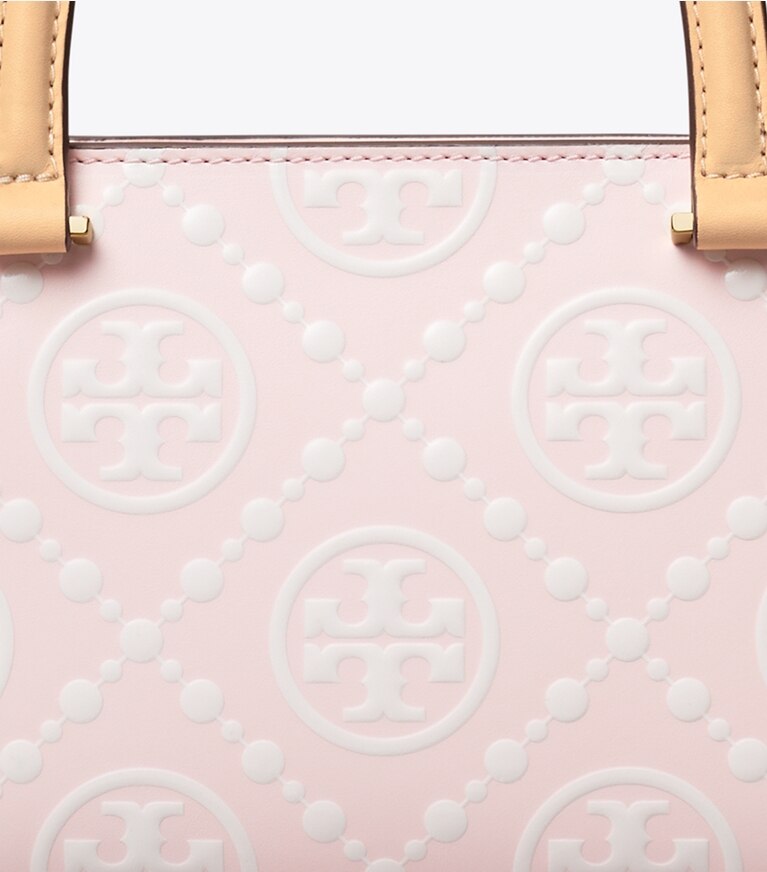 Tory Burch designer bauletto Shopping piccola T Monogram rettangolare con rilievo a contrasto in Powder Pink angle