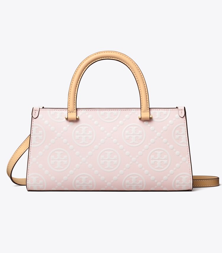 Tory Burch designer bauletto Shopping piccola T Monogram rettangolare con rilievo a contrasto in Powder Pink front