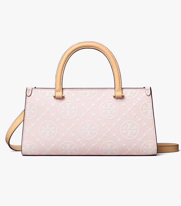 Tory Burch designer bauletto Shopping piccola T Monogram rettangolare con rilievo a contrasto in Powder Pink angle