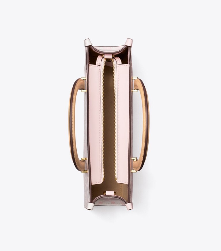 Tory Burch designer bauletto Shopping piccola T Monogram rettangolare con rilievo a contrasto in Powder Pink angle