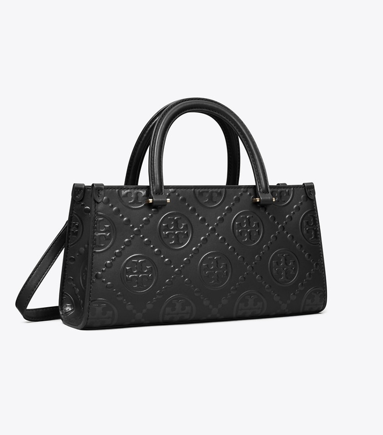 Tory Burch designer bauletto Shopping piccola T Monogram rettangolare con rilievo in Black angle