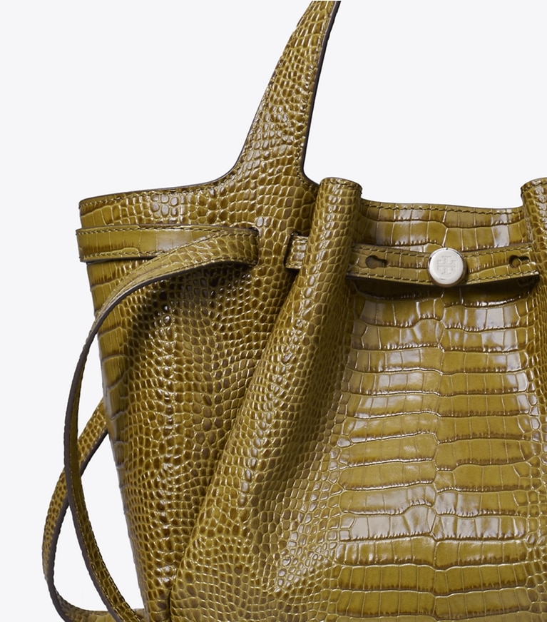 Tory Burch designer bauletto Shopping Romy piccola con rilievo a coccodrillo in Shroom angle