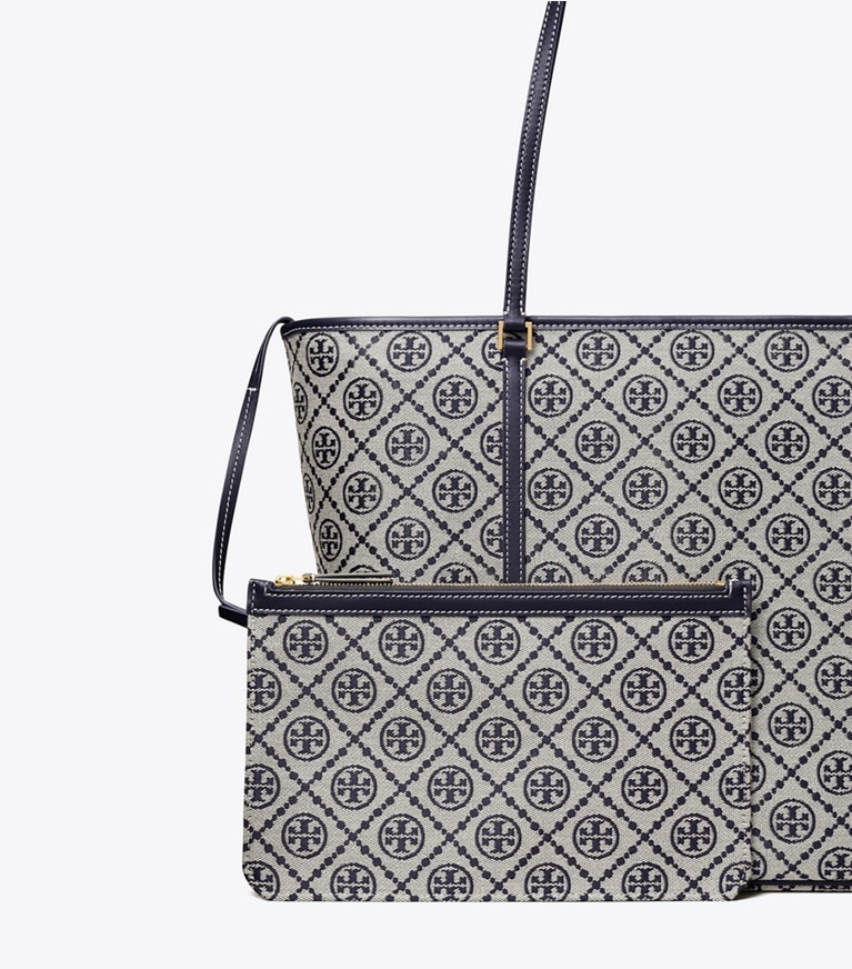 Tory Burch designer borse shopping Shopping T Monogram con zip in Tory Navy dettaglio