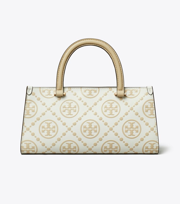 Tory Burch designer bauletto Shopping T Monogram piccola East-West con rilievo a contrasto in Beige angle