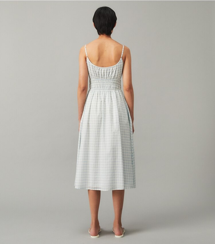 Tory Burch designer coverups Short Beach Dress in Swim Blue Gingham on model back