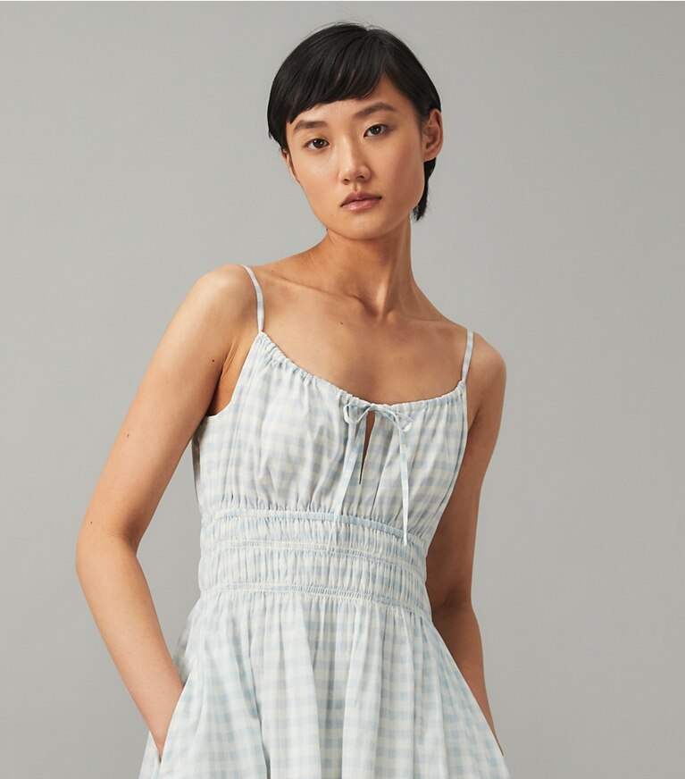 Tory Burch designer coverups Short Beach Dress in Swim Blue Gingham front