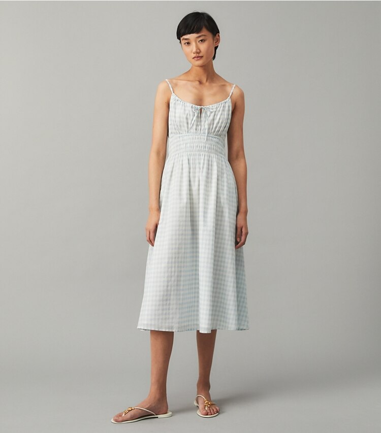Tory Burch designer coverups Short Beach Dress in Swim Blue Gingham on model front