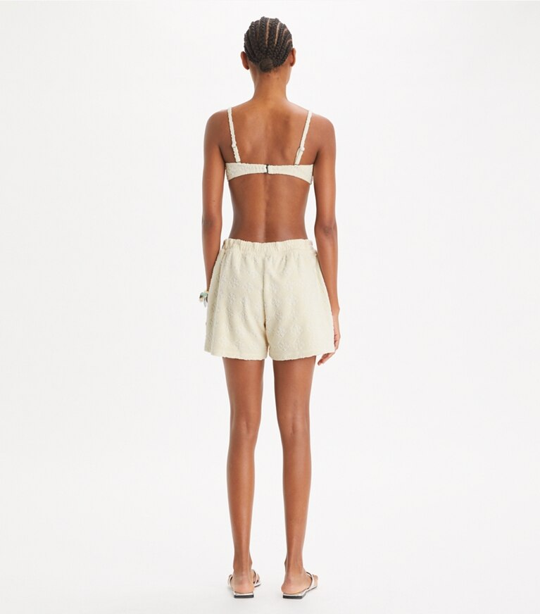 Tory Burch diseñador ropa de playa Short de jacquard de felpa con logo en NEW IVORY parte posterior en modelo