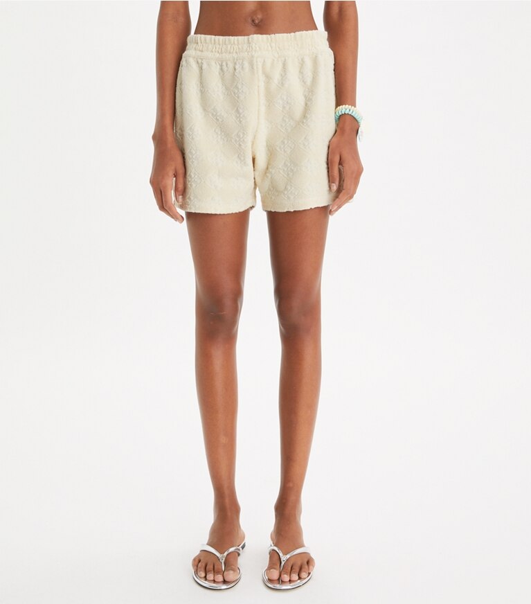 Tory Burch diseñador ropa de playa Short de jacquard de felpa con logo en NEW IVORY detalle en modelo
