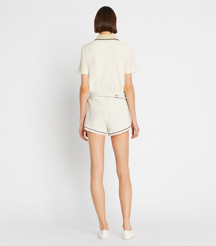 Tory Burch designer paréos Short en molleton jacquard in French Cream on model back