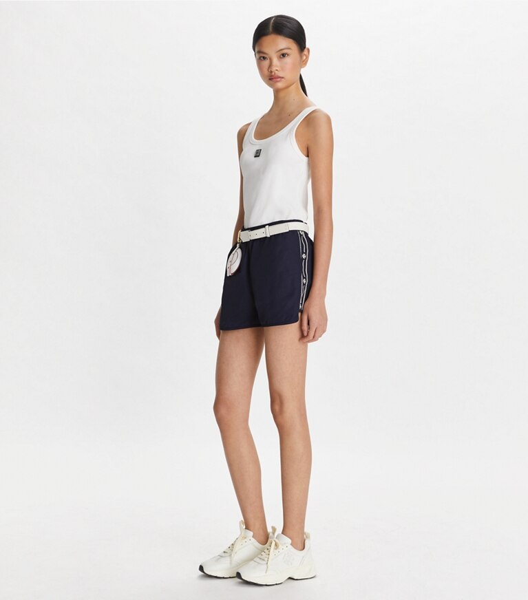 Tory Sport designer bas Short en nylon à logo brodé in Deep Navy front