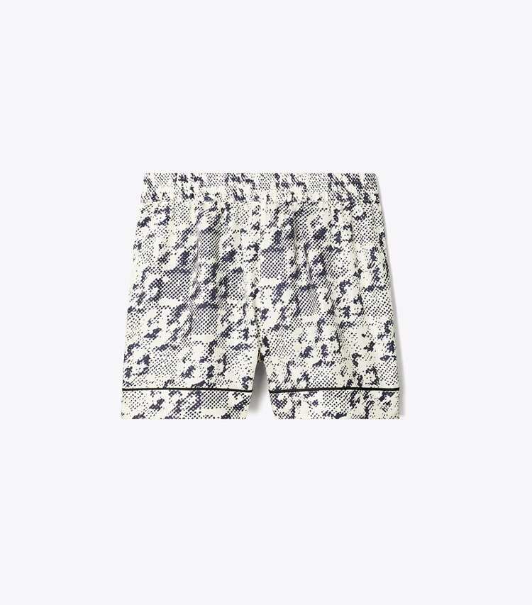 Tory Burch designer paréos Short en soie in New Ivory Distressed Pixelated Logo front