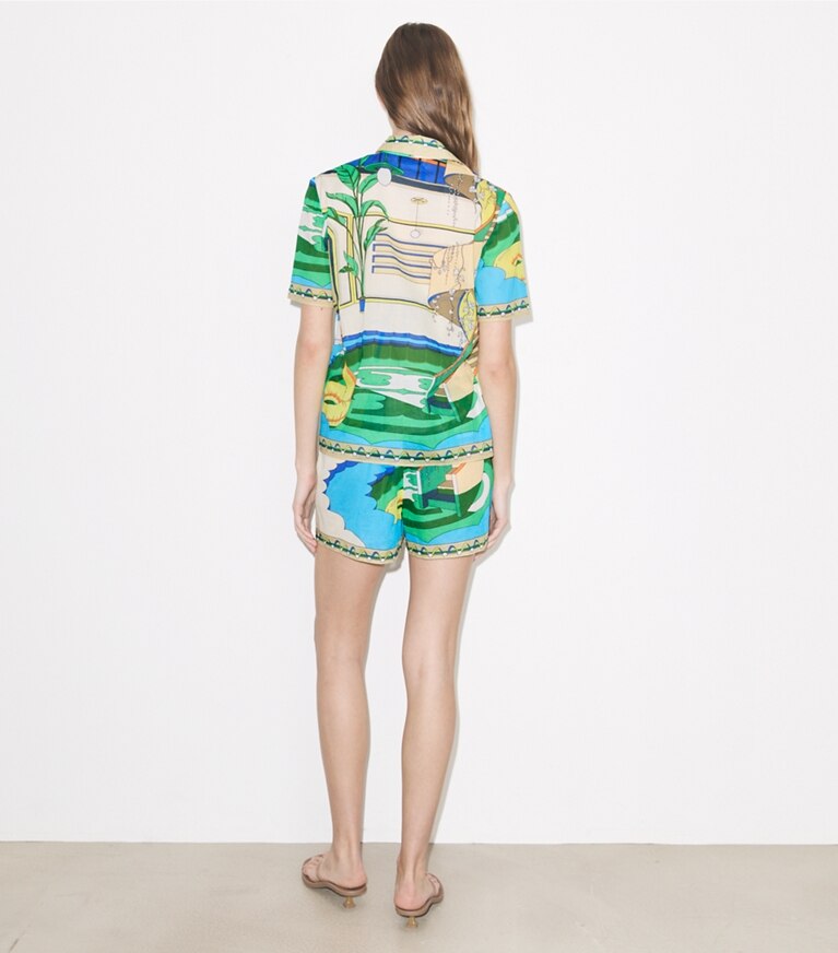Tory Burch designer paréos Short imprimé in The Pool Blue on model back