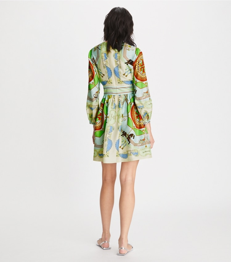 Tory Burch designer dresses Short Printed Silk Dress in Blue Multi on model back