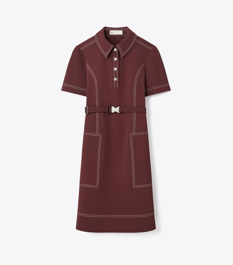 Tory Burch designer dresses Short-Sleeve Pick Stitch Golf Dress in Dark Sangria front