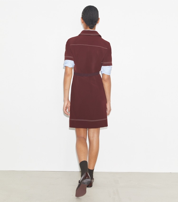 Tory Burch designer dresses Short-Sleeve Pick Stitch Golf Dress in Dark Sangria on model back