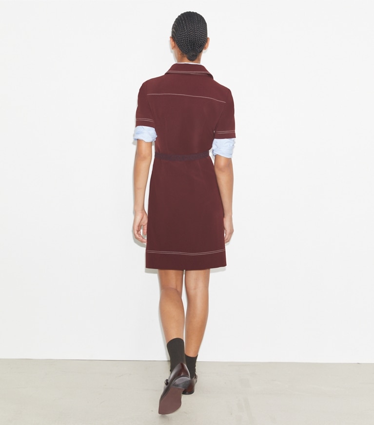 Tory Burch designer dresses Short-Sleeve Pick Stitch Golf Dress in Dark Sangria front