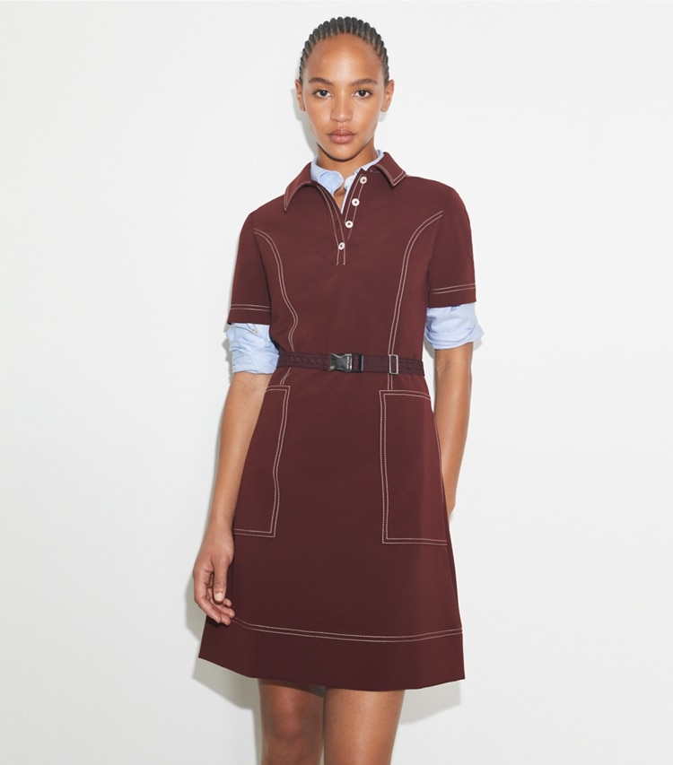 Tory Burch designer dresses Short-Sleeve Pick Stitch Golf Dress in Dark Sangria on model detail