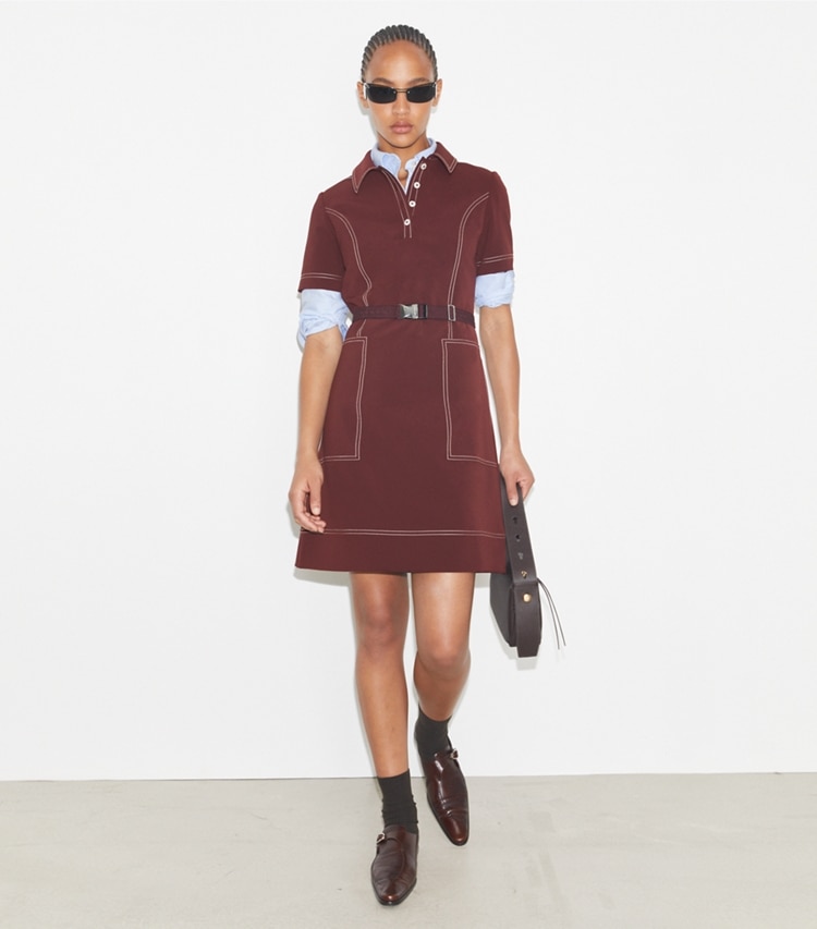 Tory Burch designer dresses Short-Sleeve Pick Stitch Golf Dress in Dark Sangria on model front